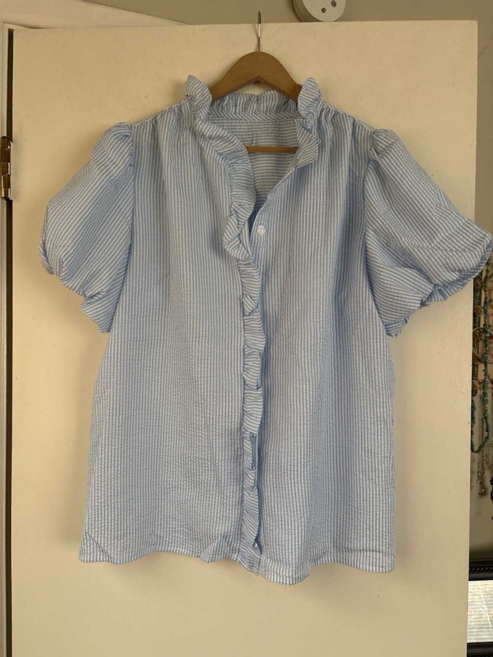 Light Blue Ruffle-Trim Puff Sleeve Top